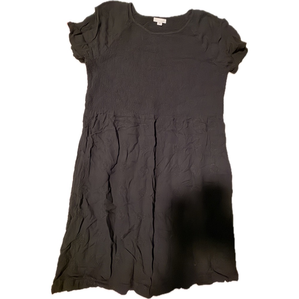 J. Jill Black Smocked Embroidered Medallion Short Sleeve Dress Womens M